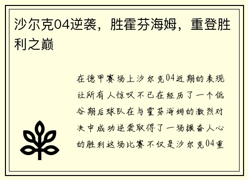 沙尔克04逆袭，胜霍芬海姆，重登胜利之巅