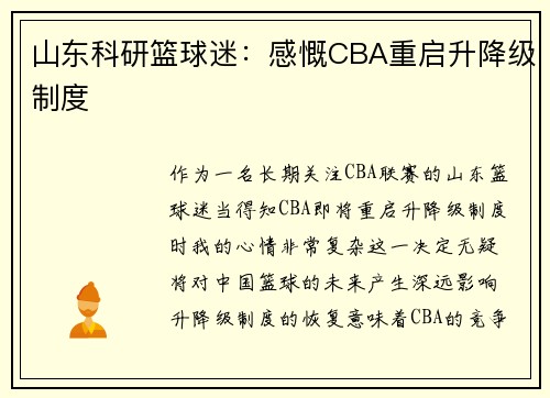 山东科研篮球迷：感慨CBA重启升降级制度