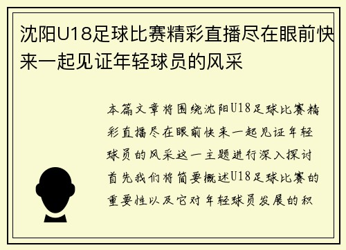 沈阳U18足球比赛精彩直播尽在眼前快来一起见证年轻球员的风采